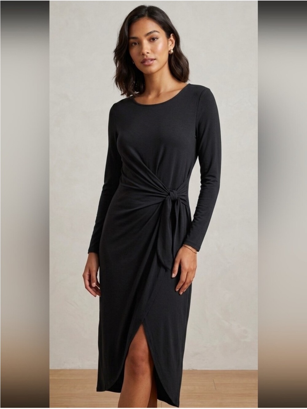 Who What Wear Women's Black Long-Sleeve Tie Knot Wrap Midi Dress